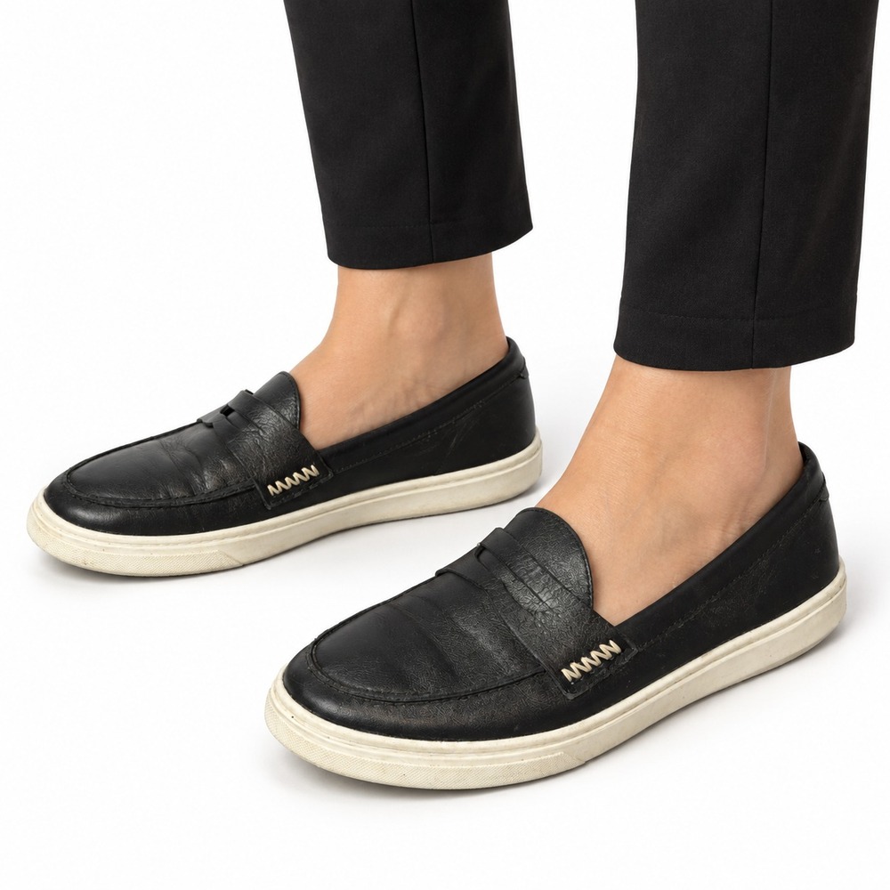 Patina Womens 10 Boardwalk Penny Loafer Sneakers Black Leather Slip On Casual